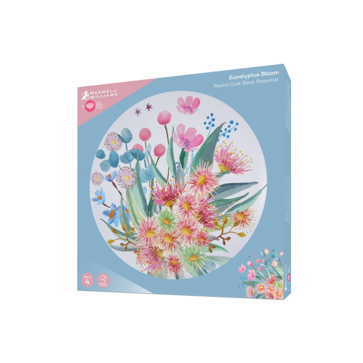 Royal Botanic Gardens Eucalyptus Bloom Round Cork Back Placemat 32cm Set of 4 Gift Boxed