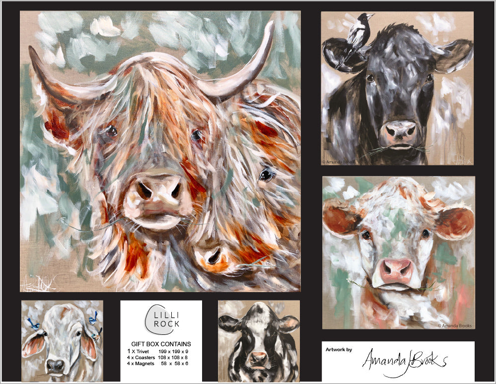 Amandas Cows Gift Pack including 1 x Trivet 4 x Coasters & 4 x Magnets 35x27cm Gift Pack