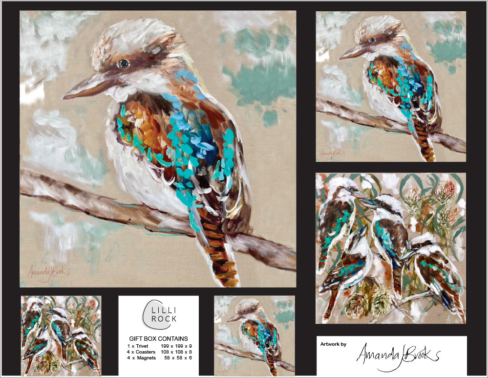Amandas Kookaburras Gift Pack including 1 x Trivet 4 x Coasters & 4 x Magnets 35x27cm Gift Pack