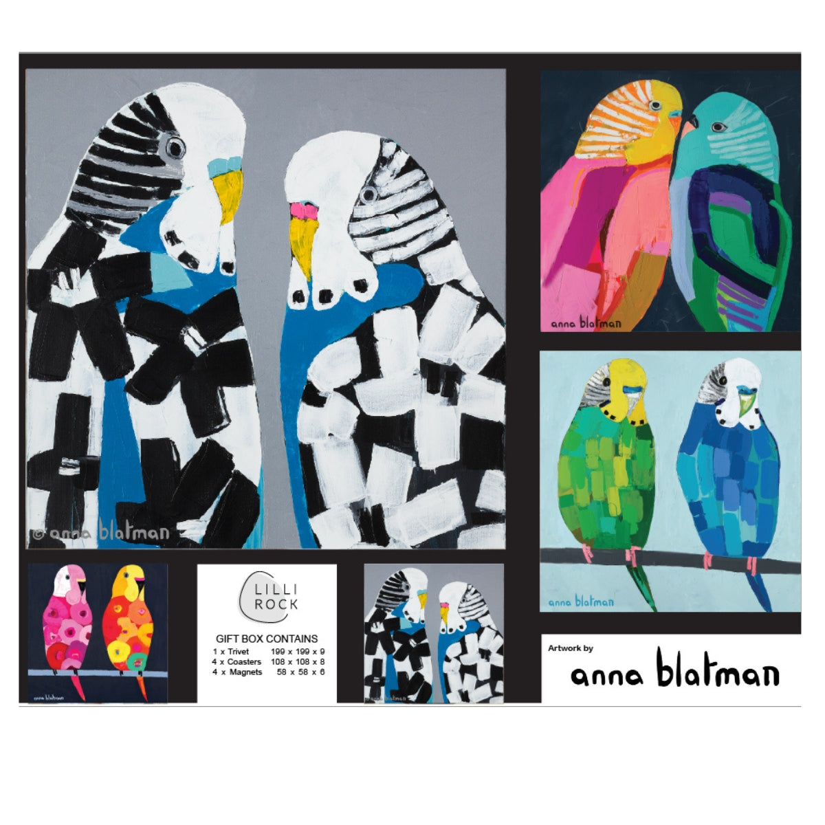 Annas Budgies Gift Pack including 1 x Trivet 4 x Coasters & 4 x Magnets 35x27cm Gift Pack