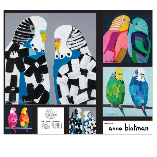 Annas Budgies Gift Pack including 1 x Trivet 4 x Coasters & 4 x Magnets 35x27cm Gift Pack