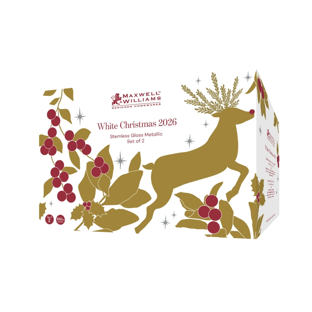 Maxwell & Williams White Christmas 2026 Stemless Glass 550ML Set of 2 Assorted Metallic Gift Boxed