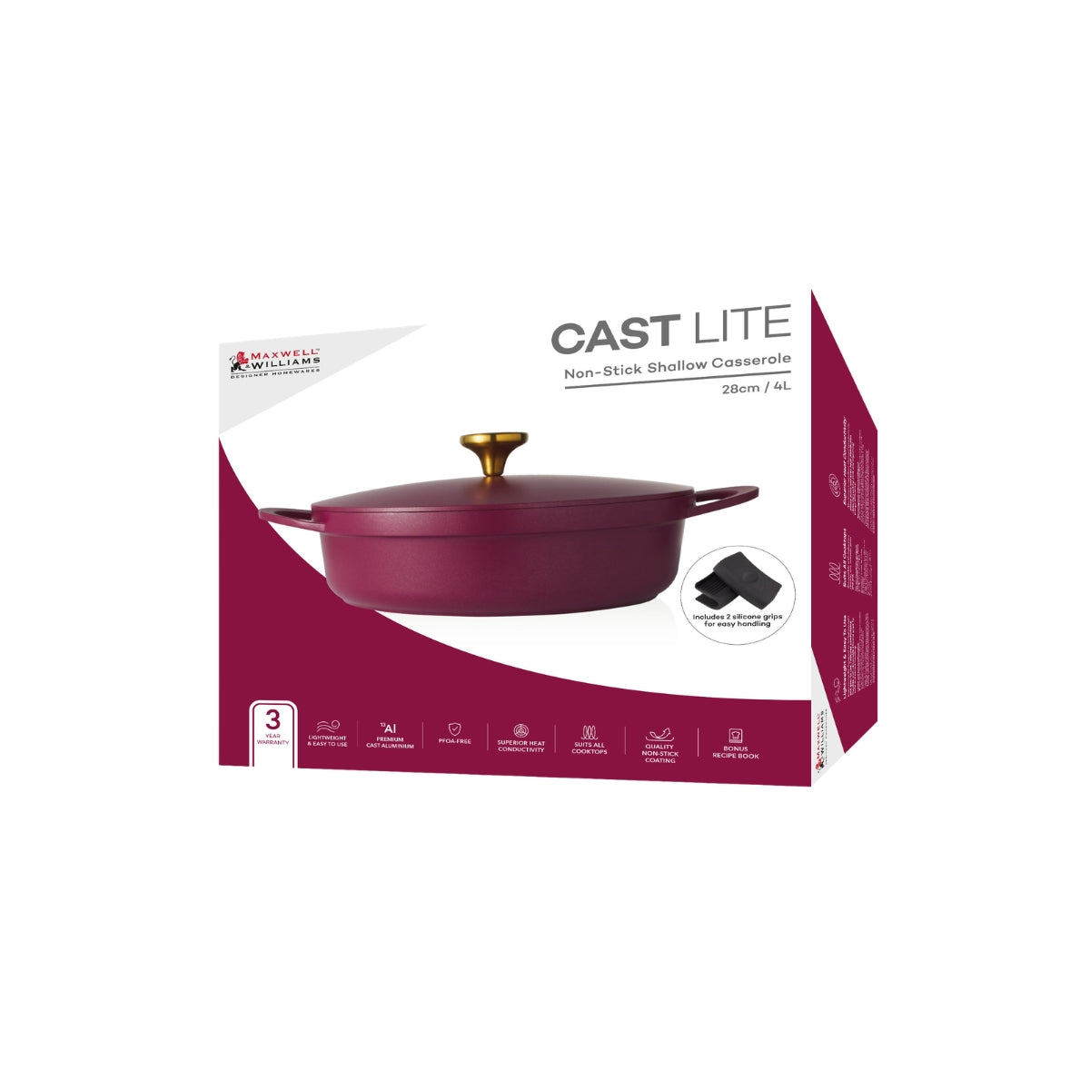 Maxwell & Williams Cast Lite Non-Stick Shallow Casserole 28cm / 4L Cherry Gift Boxed
