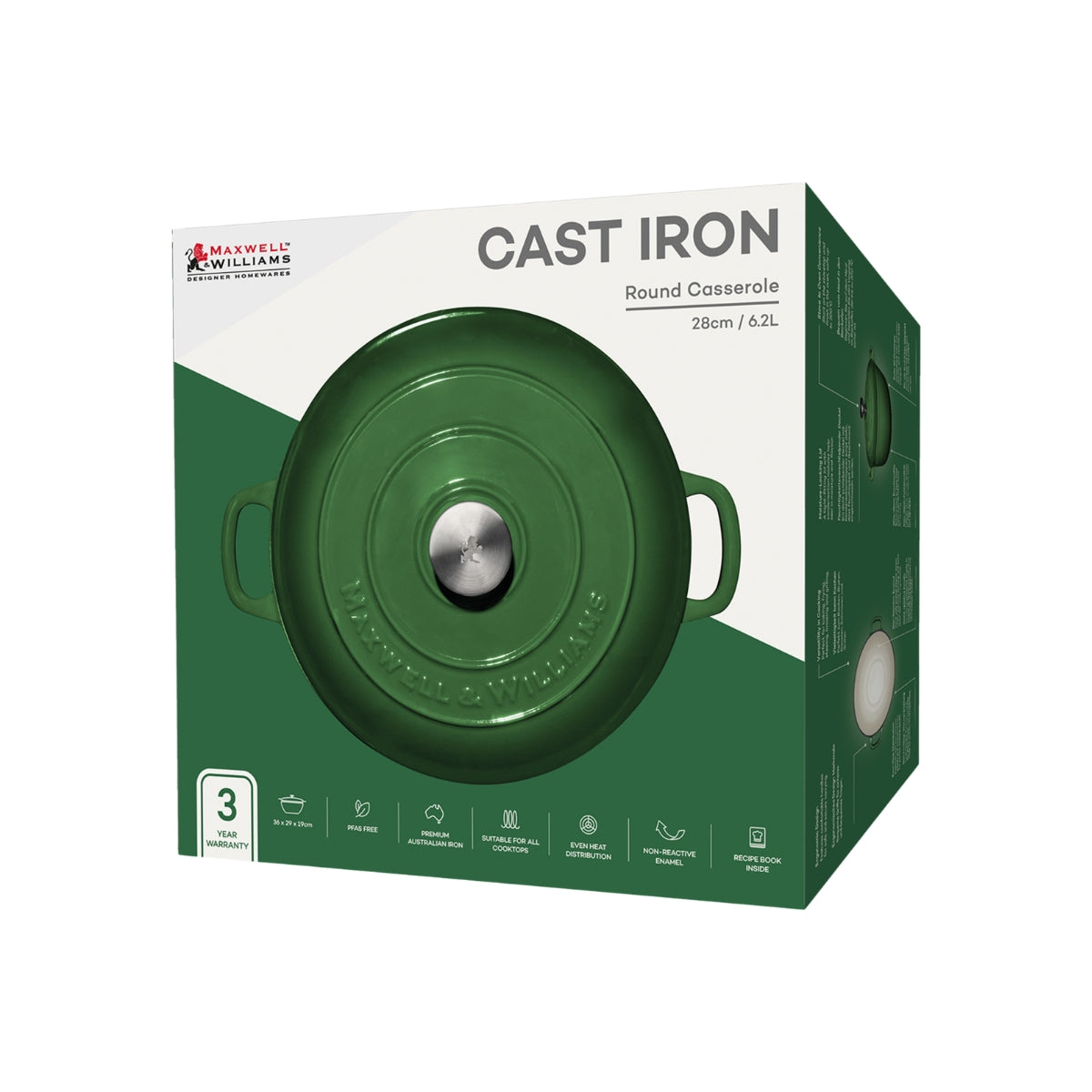 Maxwell & Williams Cast Iron Round Casserole English Racing Green 28cm / 6.2L Gift Boxed