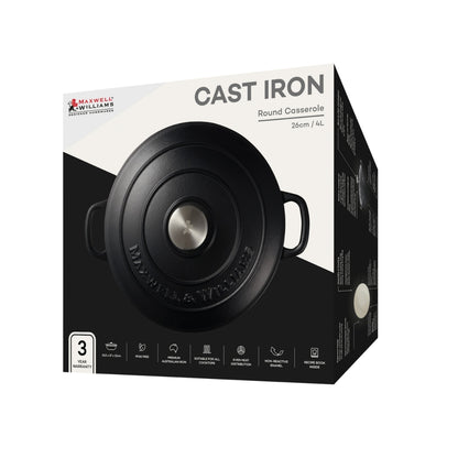 Maxwell & Williams Cast Iron Round Casserole Black 26cm / 4L Gift Boxed
