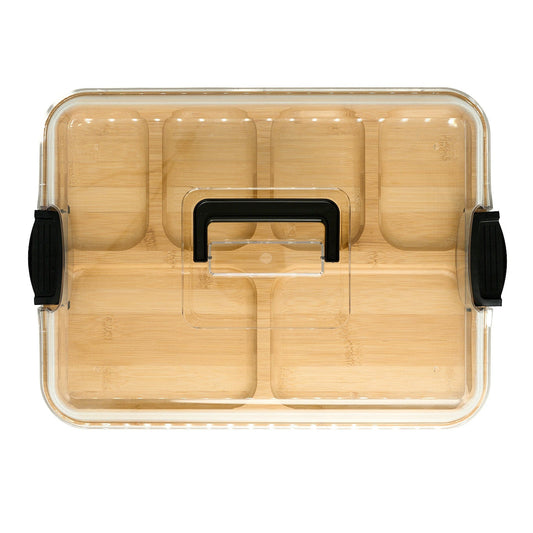 6 Compartment Bamboo Tray with PET Lid 35.5x28x7cm