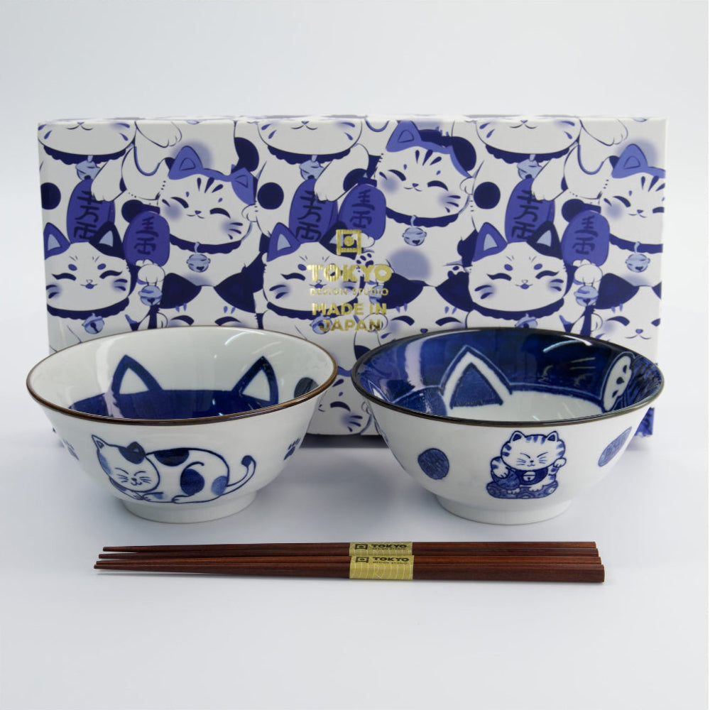 Kawaii Cat Neko Bowl 2pc With Chopsticks Blue Cat Gift Boxed