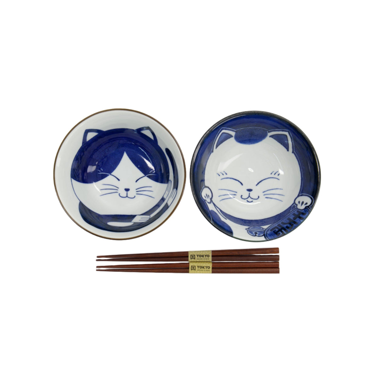 Kawaii Cat Neko Bowl 2pc With Chopsticks Blue Cat Gift Boxed