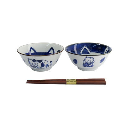 Kawaii Cat Neko Bowl 2pc With Chopsticks Blue Cat Gift Boxed