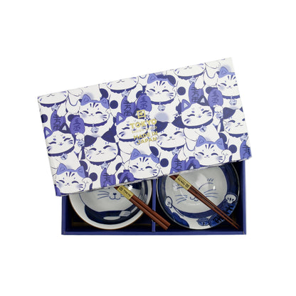 Kawaii Cat Neko Bowl 2pc With Chopsticks Blue Cat Gift Boxed