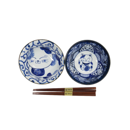 Kawaii Cat Neko Bowl 2pc With Chopsticks Swirl Cat Gift Boxed