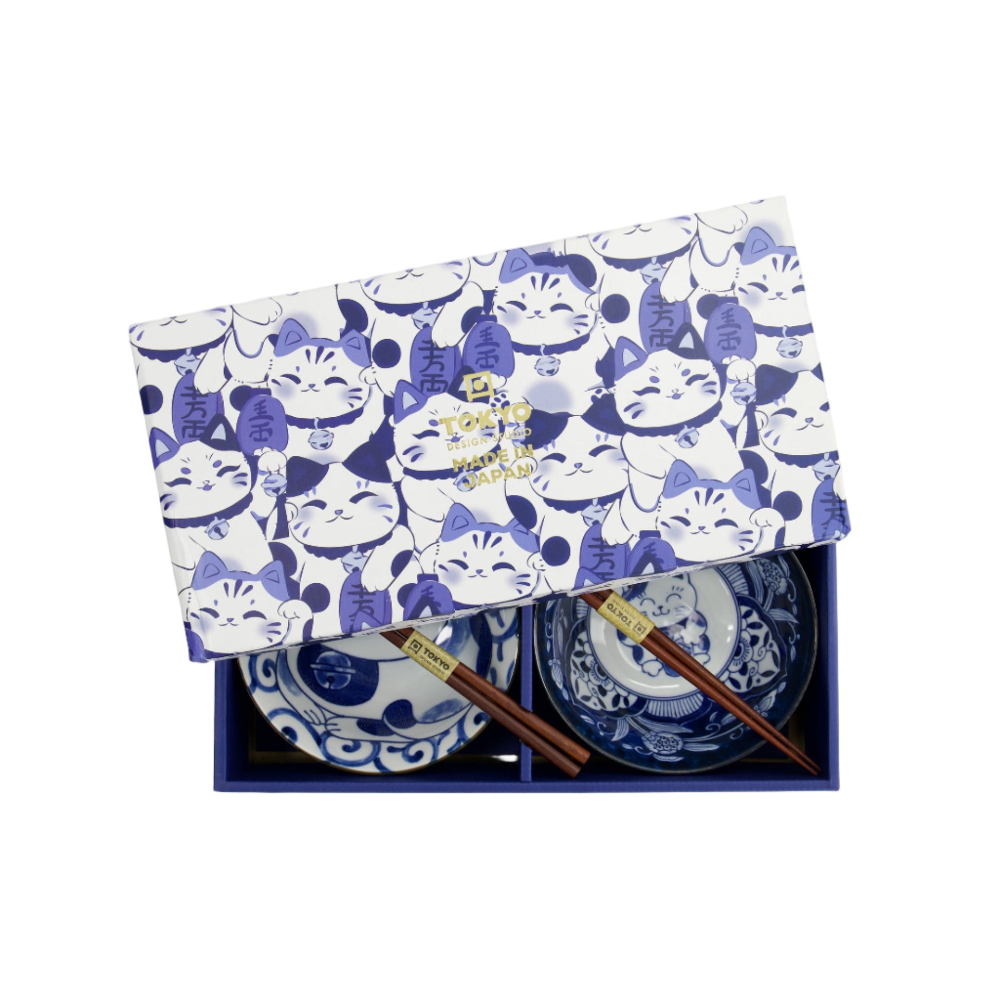 Kawaii Cat Neko Bowl 2pc With Chopsticks Swirl Cat Gift Boxed