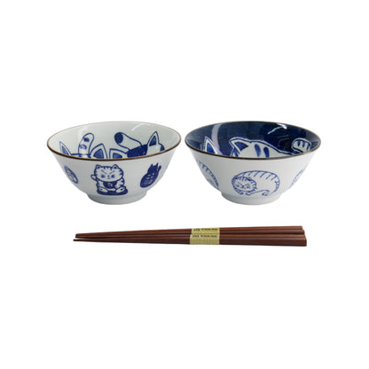 Kawaii Cat Neko Bowl 2pc With Chopsticks Twin Cat Gift Boxed