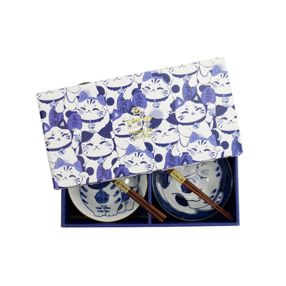 Kawaii Cat Neko Bowl 2pc With Chopsticks Twin Cat Gift Boxed