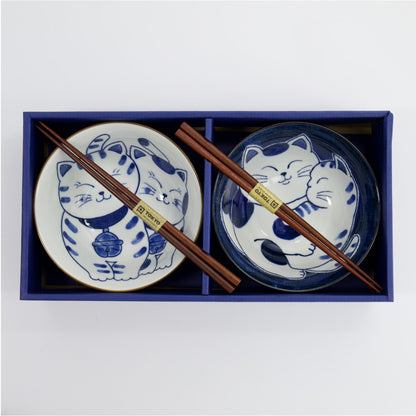 Kawaii Cat Neko Bowl 2pc With Chopsticks Twin Cat Gift Boxed