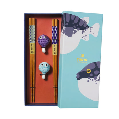 Tokyo Design Studio Blow Fish Chopsticks 4pc With Rest Gift Boxed - Assorted