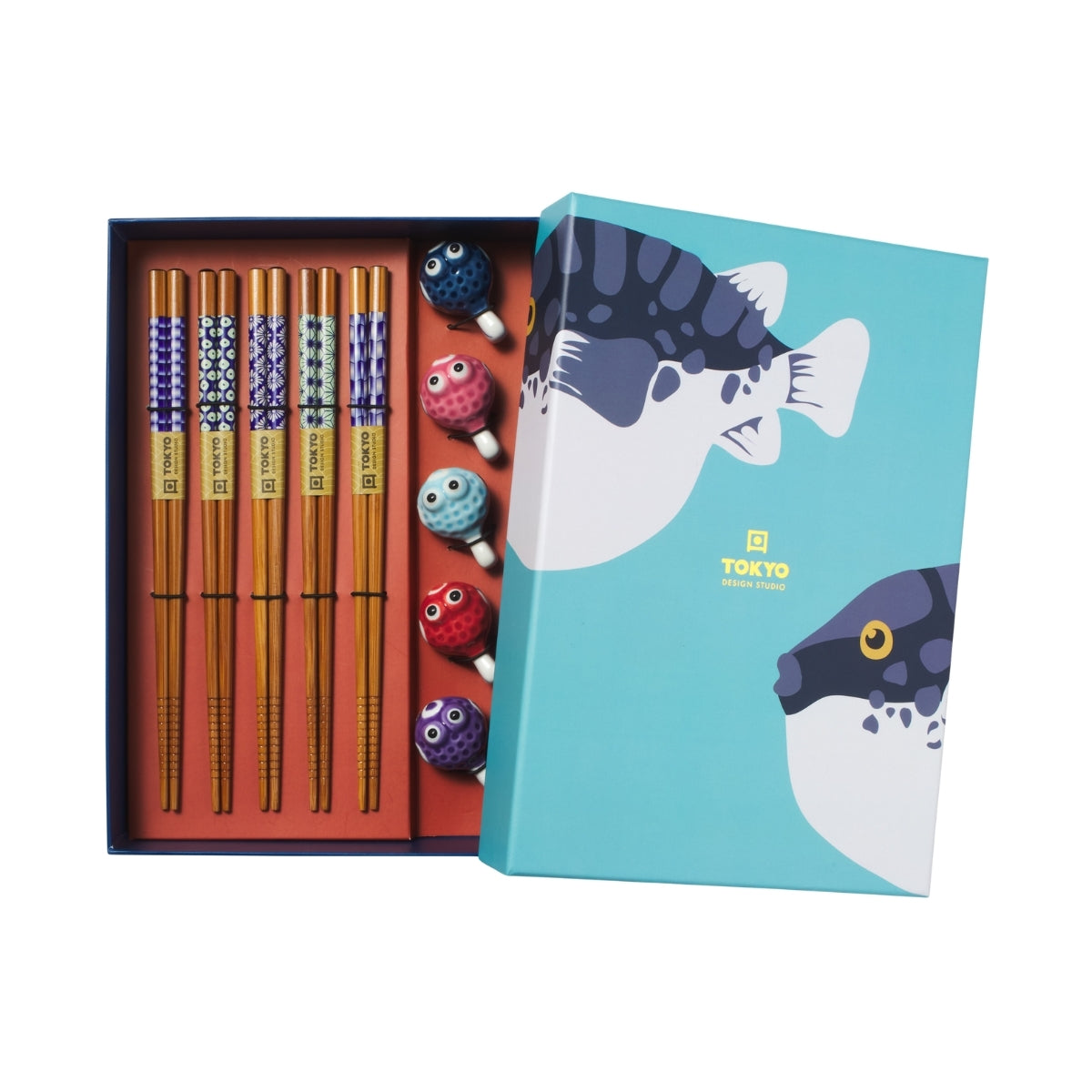 Tokyo Design Studio Blow Fish Chopsticks 10pc With Rest Gift Boxed - Assorted