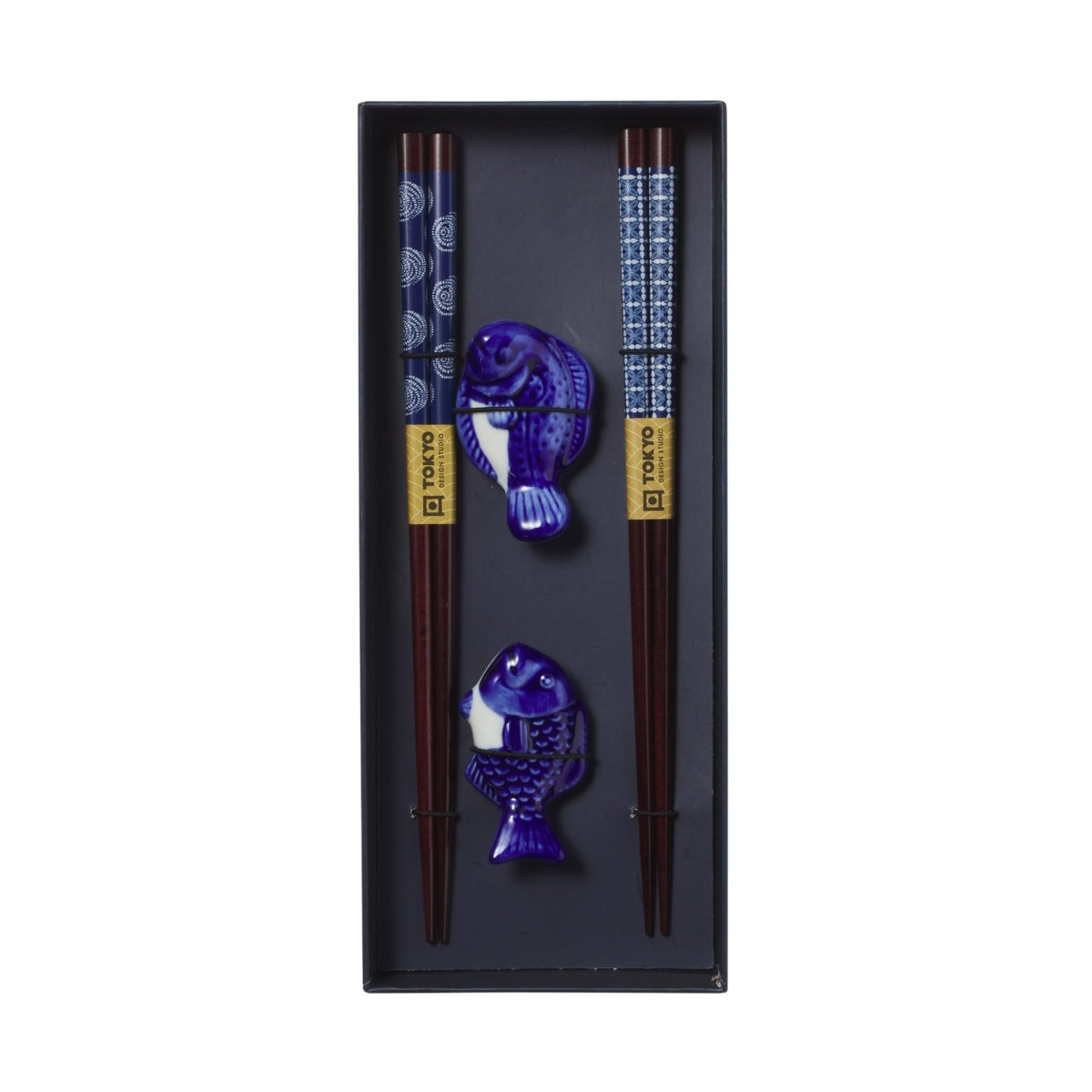 Tokyo Design Studio Blue Fish Chopsticks 4pc With Rest Gift Boxed - Assorted