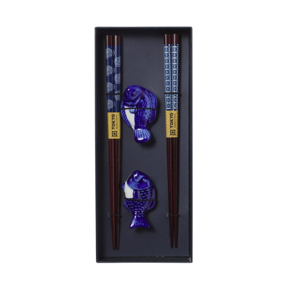 Tokyo Design Studio Blue Fish Chopsticks 4pc With Rest Gift Boxed - Assorted