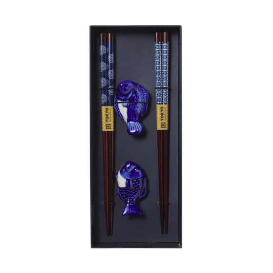 Tokyo Design Studio Blue Fish Chopsticks 4pc With Rest Gift Boxed - Assorted