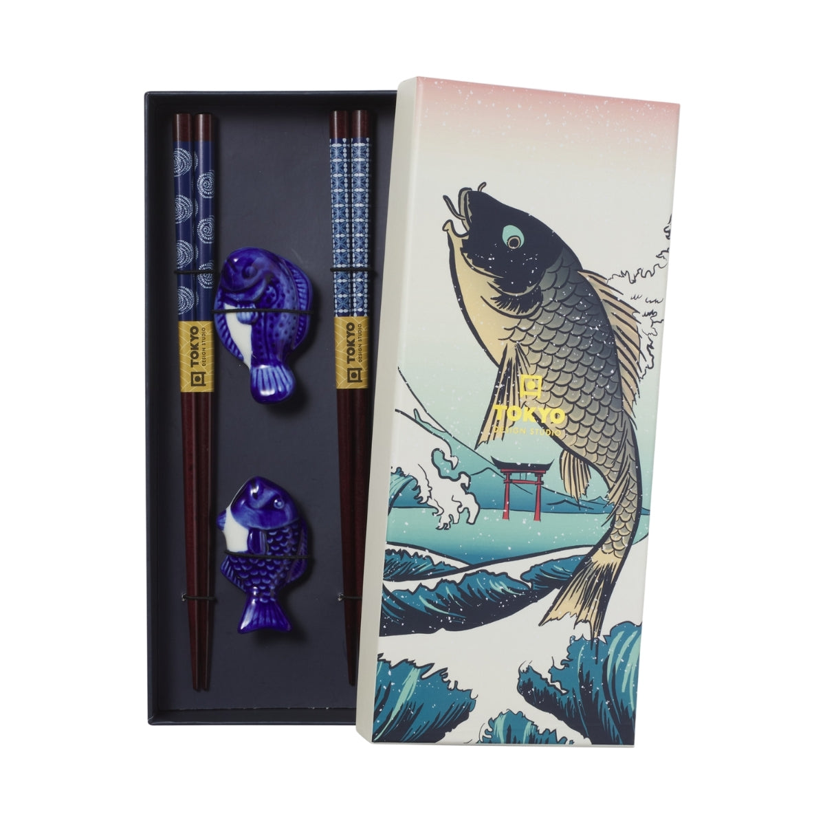 Tokyo Design Studio Blue Fish Chopsticks 4pc With Rest Gift Boxed - Assorted
