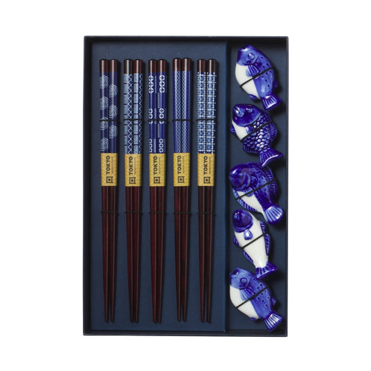 Tokyo Design Studio Blue Fish Chopsticks 10pc With Rest Gift Boxed - Assorted