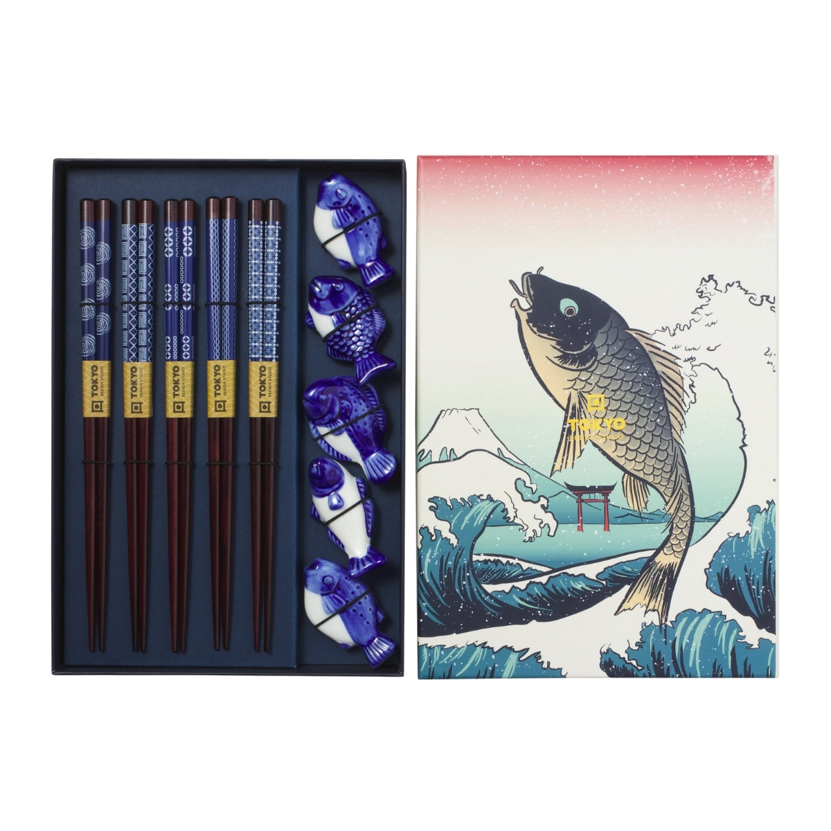 Tokyo Design Studio Blue Fish Chopsticks 10pc With Rest Gift Boxed - Assorted