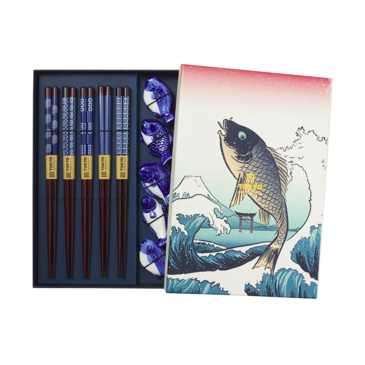 Tokyo Design Studio Blue Fish Chopsticks 10pc With Rest Gift Boxed - Assorted