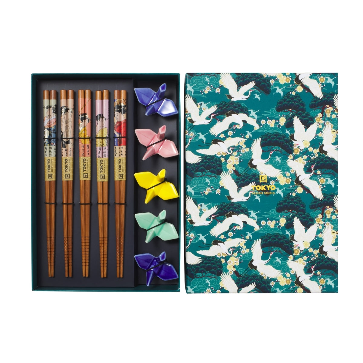 Tokyo Design Studio Crane Chopsticks 10pc With Rest Gift Boxed - Assorted