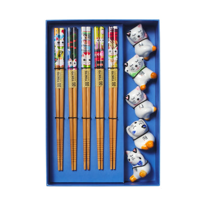 Tokyo Design Studio Lucky Cat Hanami Chopsticks 10pc With Rest Gift Boxed - Assorted