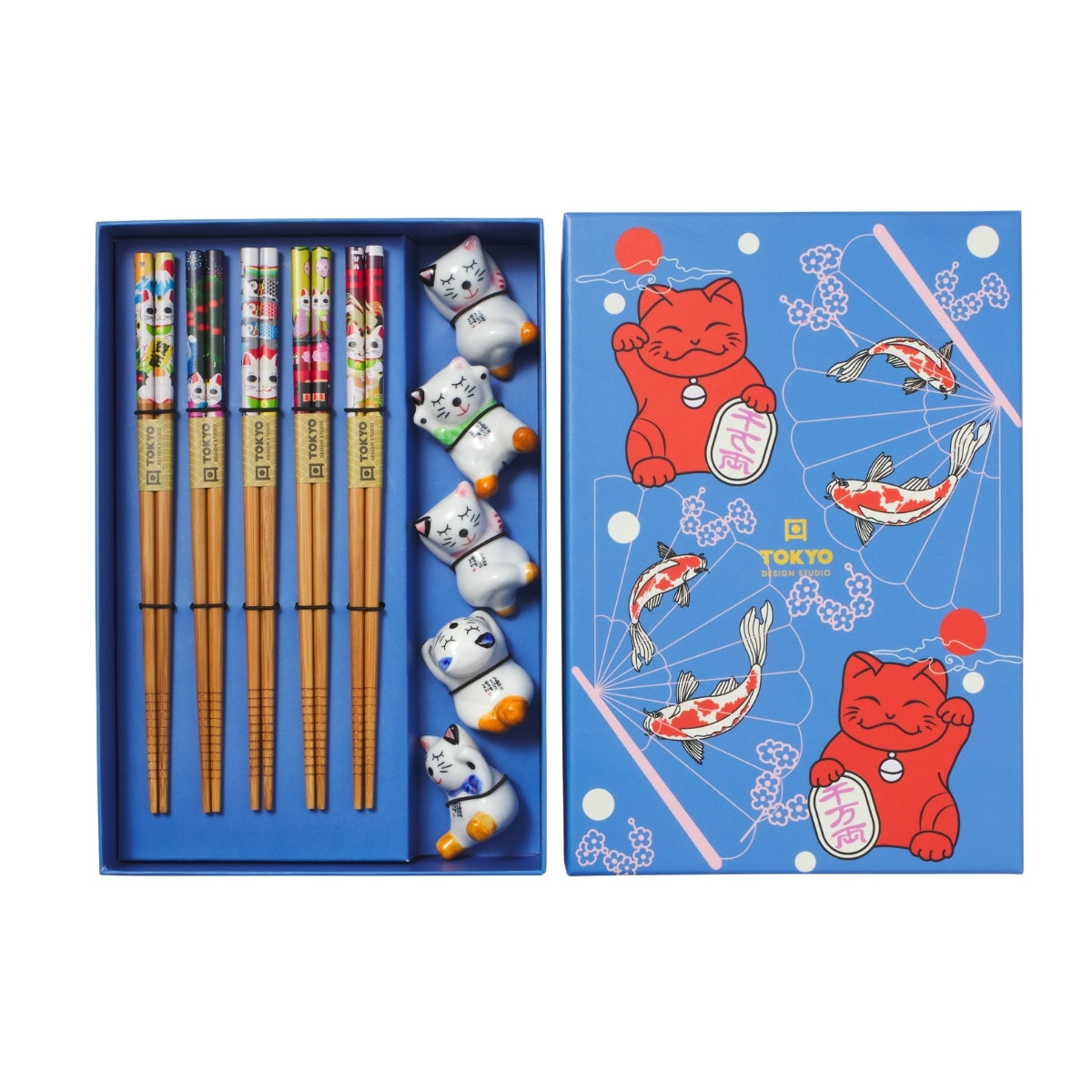 Tokyo Design Studio Lucky Cat Hanami Chopsticks 10pc With Rest Gift Boxed - Assorted