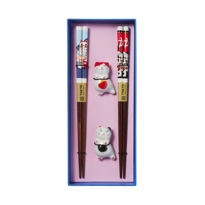 Tokyo Design Studio Neko Cat Chopsticks 4pc With Rest Gift Boxed - Assorted