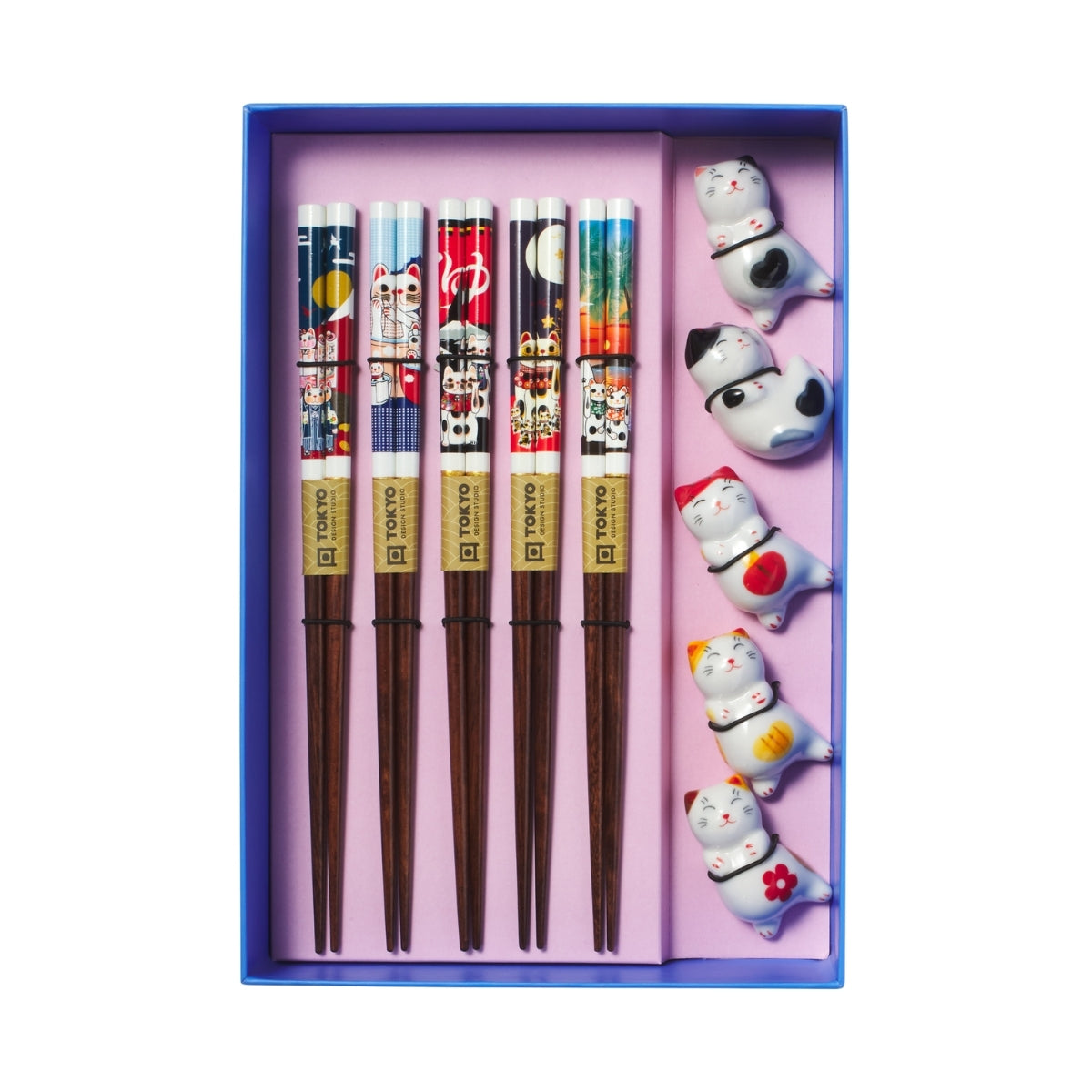 Tokyo Design Studio Neko Cat Chopsticks 10pc With Rest Gift Boxed - Assorted