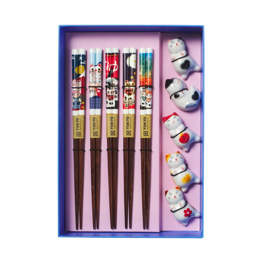 Tokyo Design Studio Neko Cat Chopsticks 10pc With Rest Gift Boxed - Assorted