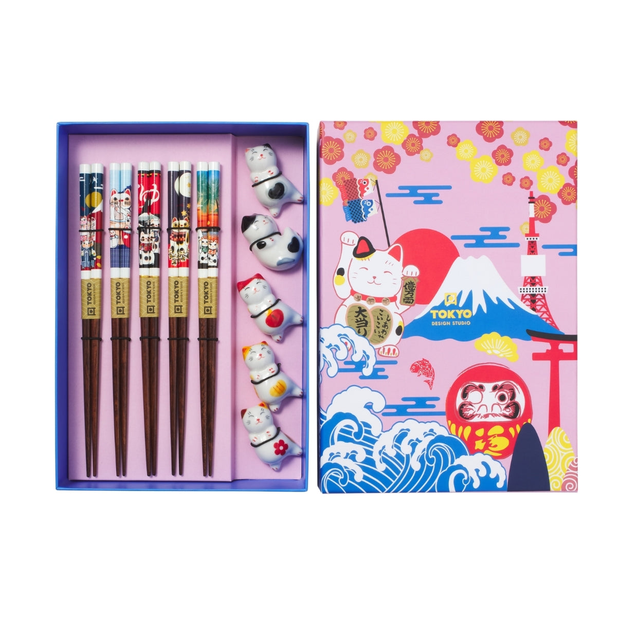 Tokyo Design Studio Neko Cat Chopsticks 10pc With Rest Gift Boxed - Assorted