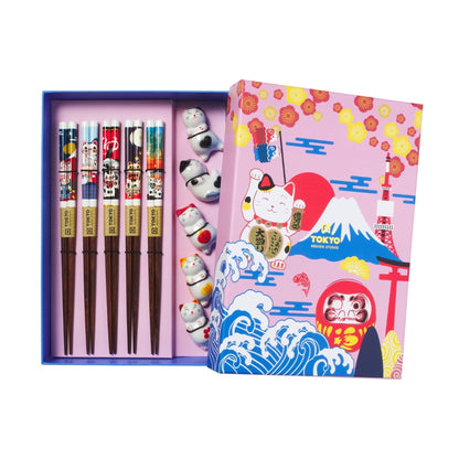 Tokyo Design Studio Neko Cat Chopsticks 10pc With Rest Gift Boxed - Assorted