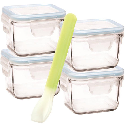Glasslock Square Baby Set with Silicone Spoon 5 Piece 82mm X 82mm X 57mm / 210ml