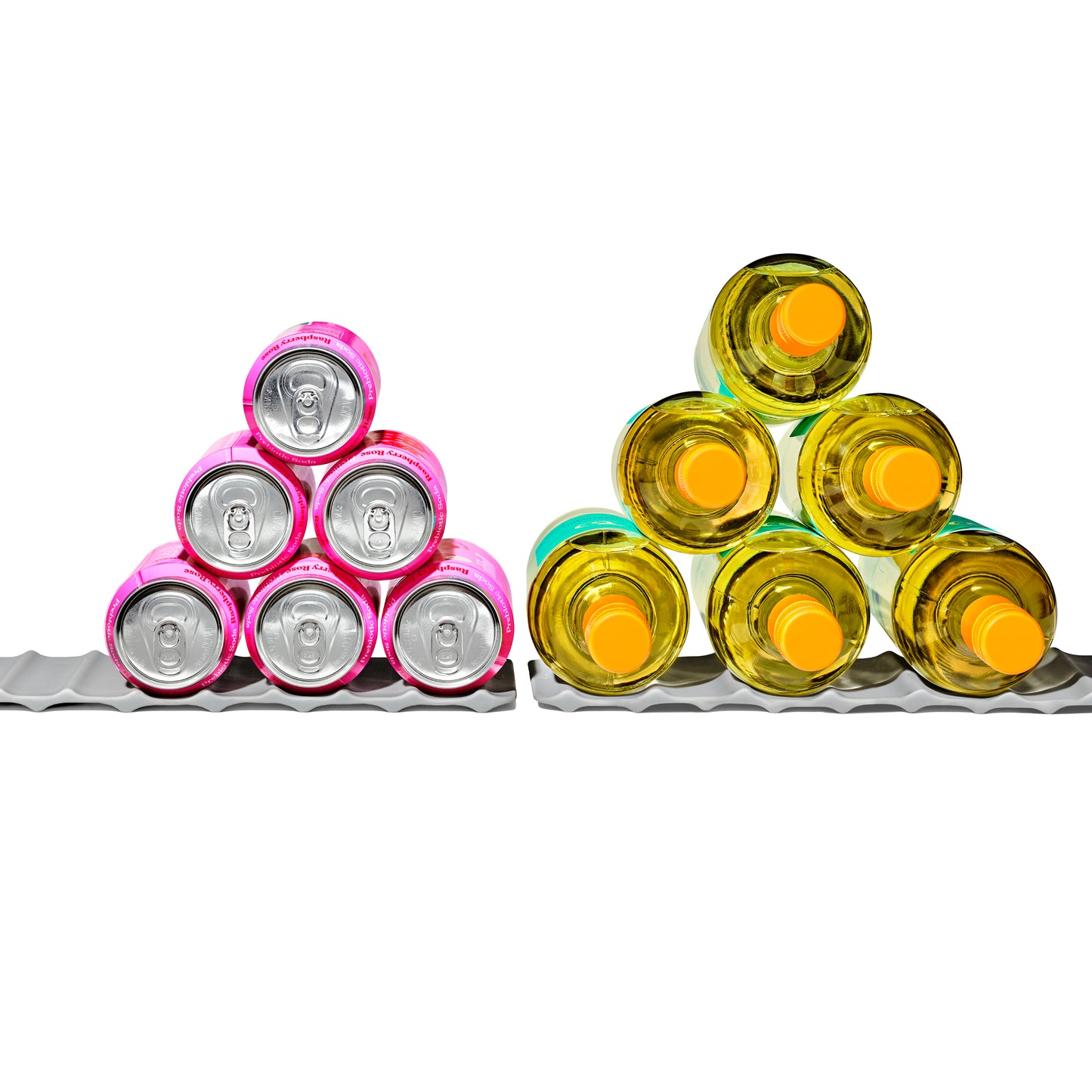 Cans and Bottles stacked on the Oxo Beverage Mat side by side