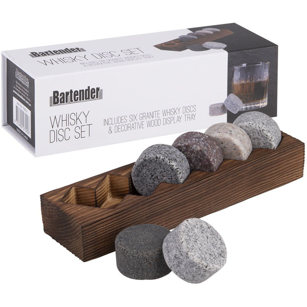 Bartender Whisky Disc Set 6 with Wood Base