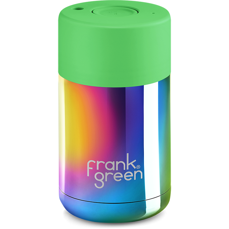 Frank Green Chrome 10oz Limited Edition Rainbow Ceramic Cup with Neon Green Push Button Lid
