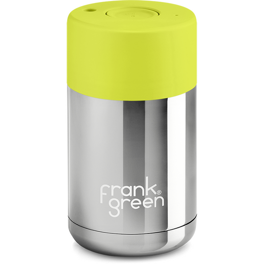 Frank Green Chrome 10oz Limited Edition Silver Ceramic Cup with Neon Yellow Push Button Lid