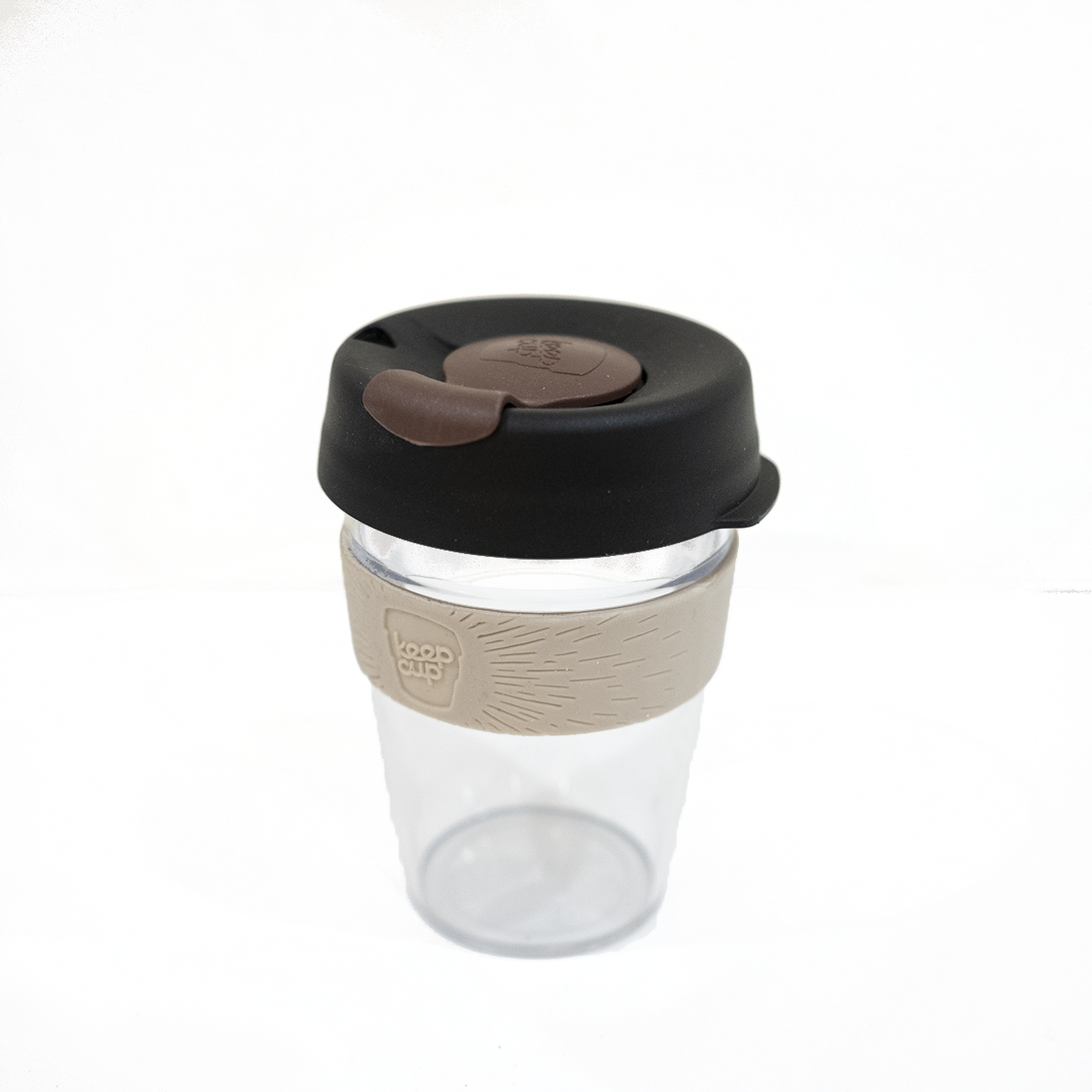 KeepCup Original Clear 12Oz Latte Band Black Lid Brown Plug