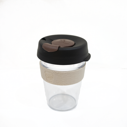 KeepCup Original Clear 12Oz Latte Band Black Lid Brown Plug