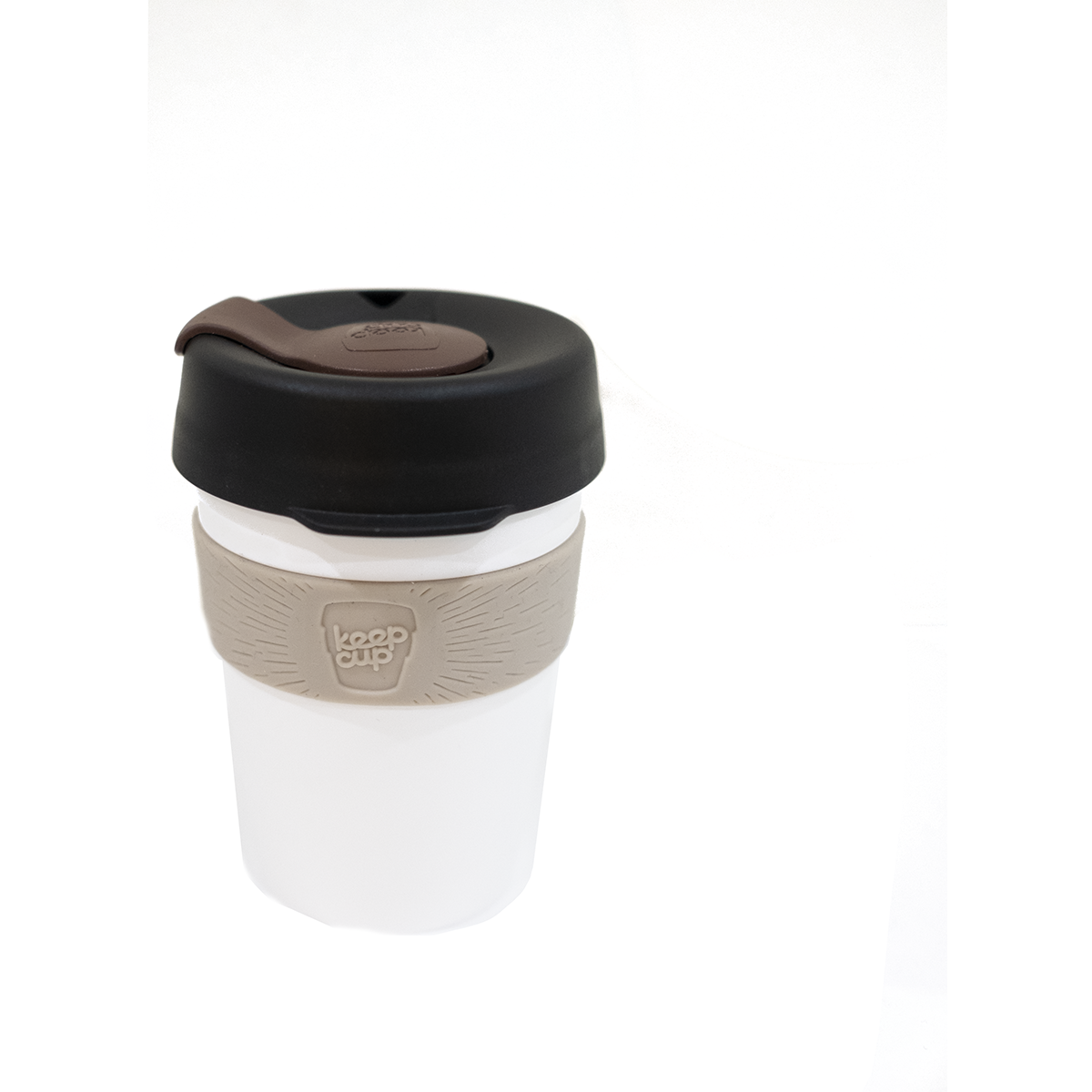 KeepCup Original 12Oz White Base Latte Band Black Lid Brown Plug
