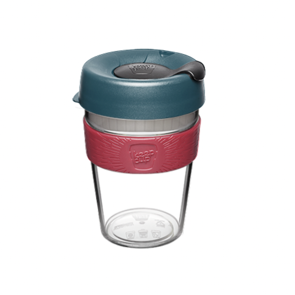 KeepCup Original Clear 12Oz Tomato Red Band Blue Lid Black Plug